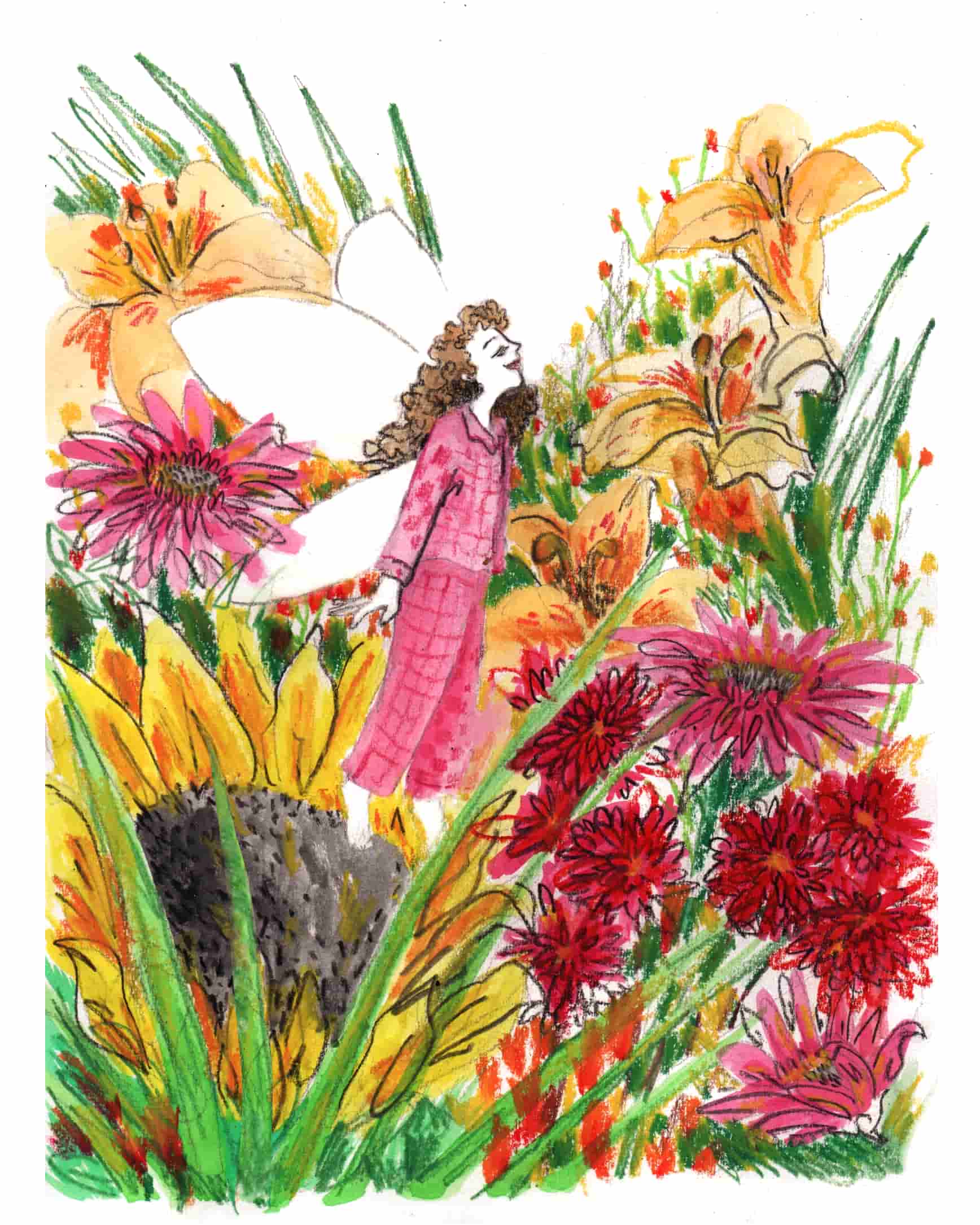 Drawing of a little girl in her dream world, flying like a fairy and surrounded by colourful flowers.